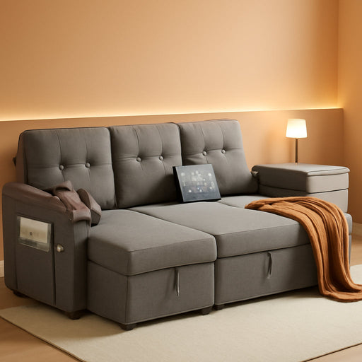 Charcoal LShaped Convertible Sleeper Sofa USB Ports