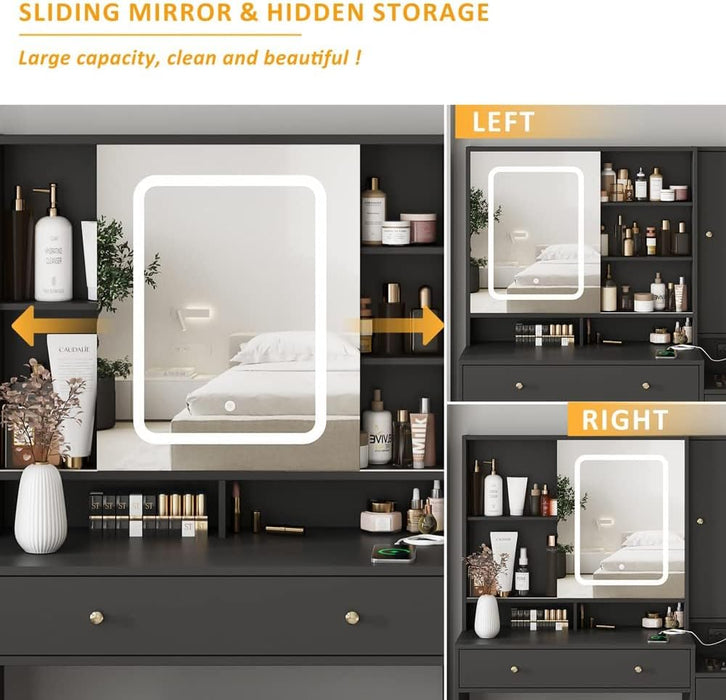 Vanity Desk with Mirror and Lights, Vanity Table Makeup Vanity with Lights 3 Drawers and Cabinets, Charging Station & Sliding Door, Lots Storage Shelves