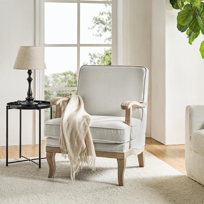 Ivory Upholstered Mid-Century Armchair With Wooden Legs