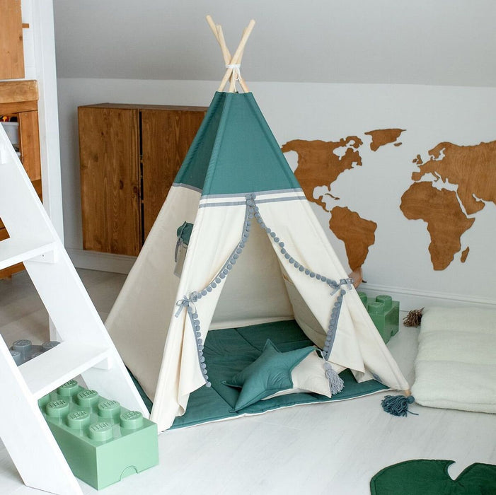 Tipi Tent Adventure with Soft Mat, Velvet Green Sage Wigwam, Cozy Playhouse, Cozy Teepee Tent, Birthday Gift for Boy, Christmas Gift for Boy