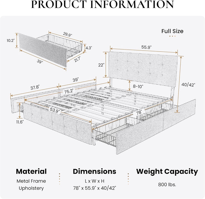 Upholstered Full Size Platform Bed Frame with 4 Storage Drawers, Adjustable Headboard with Square Stitched Button Tufted Design, Wooden Slat Support, No Box Spring Needed, Light Grey