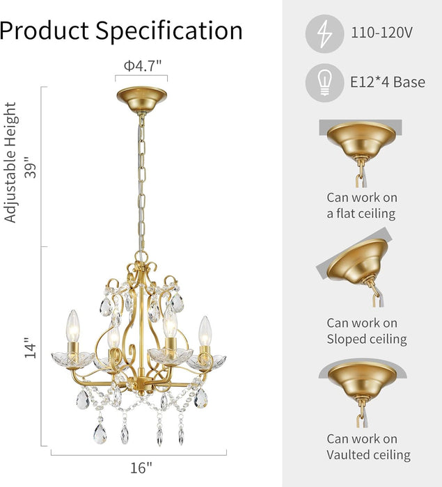 Crystal Candle Chandelier Pendant Flushmount Ceiling Light Modern Lighting Fixture for Bedroom Hallway Bar Kitchen Bathroom, H 14" X W 16", Gold, E12 Base