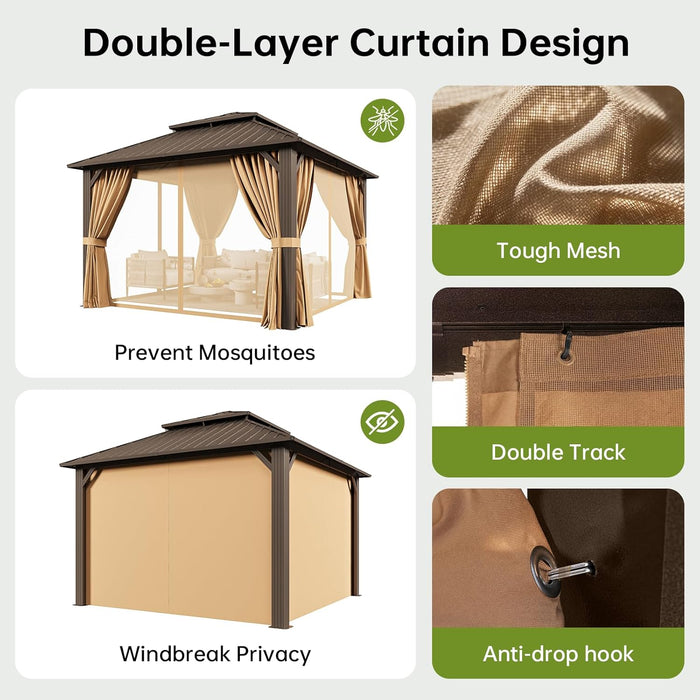 12X12Ft Hardtop Gazebo, Metal Frame with Double Galvanized Steel Roof, Permanent Outdoor Pergola with Curtains and Netting Included for Backyard, Patio, Lawn and Garden, Brown