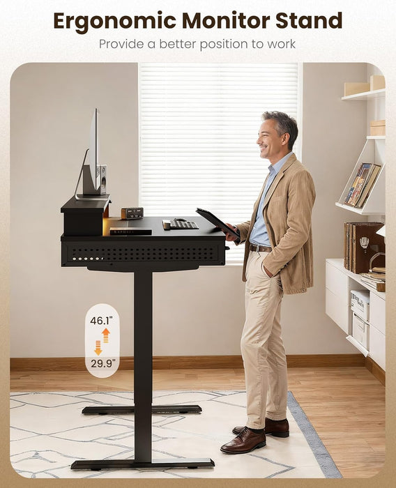 Electric Standing Desk with 3 Wooden Drawers, 48 Inch Height Adjustable Desk with Power Outlets & LED Lights, Black Sit Stand Table with Monitor Stand for Home, Office, Workstation