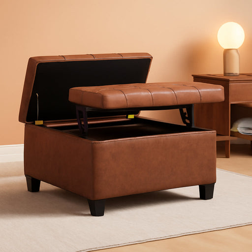 Harrison 30 Inch Wide Transitional Square Small Coffee Table Storage Ottoman in Distressed Saddle Brown Vegan Faux Leather, Assembled, for the Living Room and Bedroom