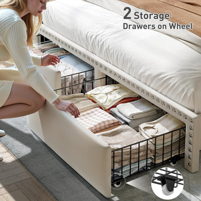 Full Size Bed Frame with 2-Tier Storage Headboard & Charging Station, LED Platform Bed Frame with 2 Storage Drawers, Sturdy Wooden Slats Support, Noise-Free, No Box Spring Needed, Beige