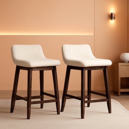 24" Bar Stools Set of 2, Upholstered Counter Height Barstools with Low Back, Footrest, Armless Wood Bar Chairs for Kitchen Island, Dining Room, Brown & Beige