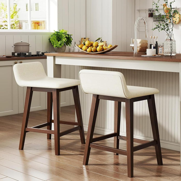 24" Bar Stools Set of 2, Upholstered Counter Height Barstools with Low Back, Footrest, Armless Wood Bar Chairs for Kitchen Island, Dining Room, Brown & Beige