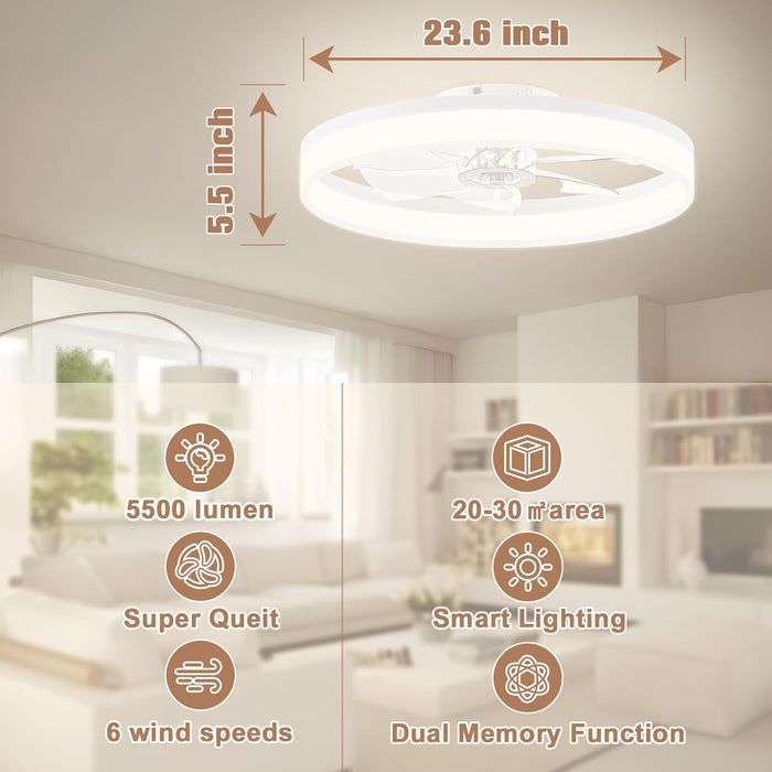 Low Profile Ceiling Fans with Lights and Remote, 23.6In Flush Mount Ceiling Fans with Light, 3000K-6500K Dimmable Fandelier LED Fan Light, Bladeless Ceiling Fans with Lights for Bedroom(White)