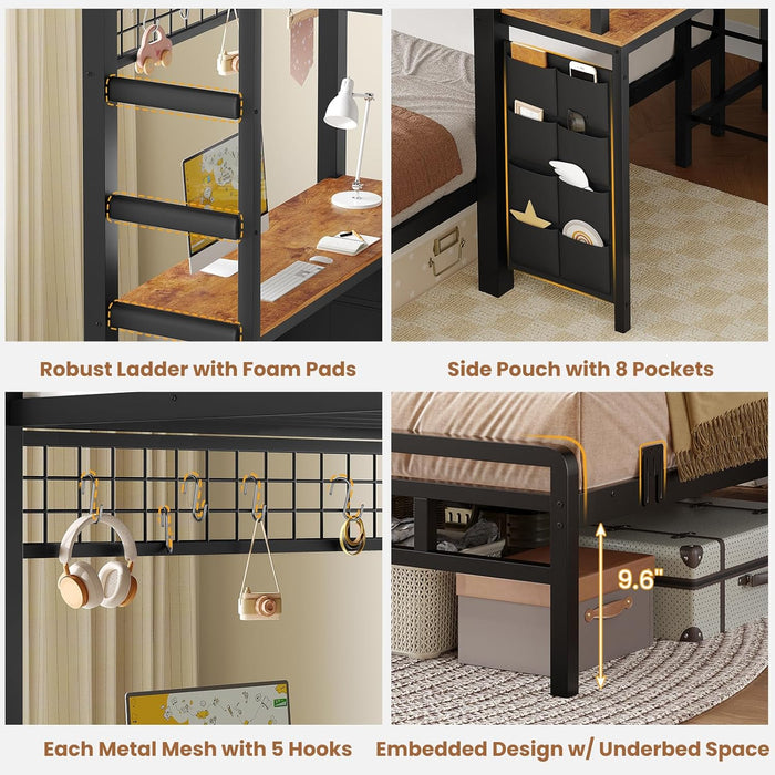 Black Industrial Twin Bunk Bed Desk BuiltInStorageDrawers