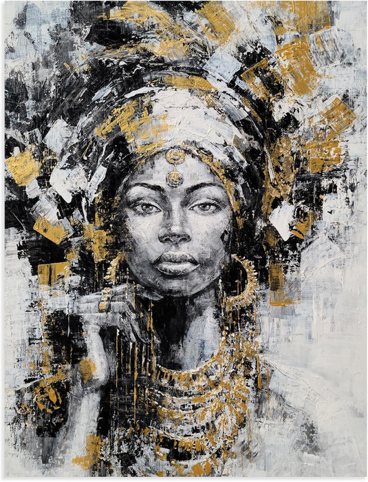 Black Woman Painting with Gold Foil - Hand Painted African American Canvas Wall Art for Living Room, Bedroom, and Hallway Decor