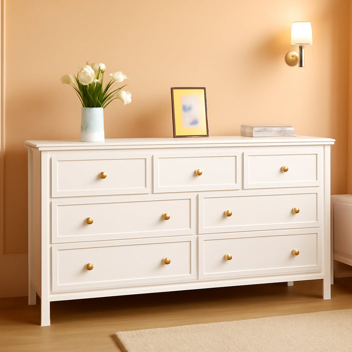 55" White Dresser for Bedroom with 7 Drawers & Modern Gold Handle