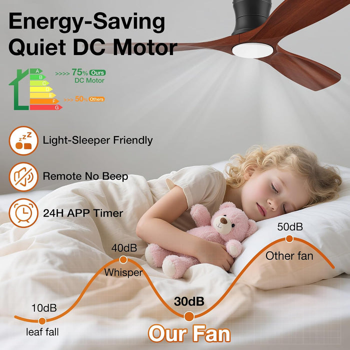 52 Inch Smart Low Profile Ceiling Fans with Lights Remote,Wood,Flush Mount
