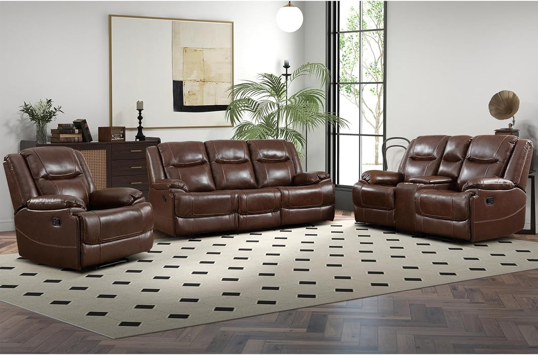 Genuine Leather Manual Recliner Sofa Set, Recliner Chair, Loveseat Reclining Sofa and 3 Seat Recliner Sofa, Couch Furniture Set for Living Room, Meeting Room, Brown(Recliner+Loveseat+Sofa)