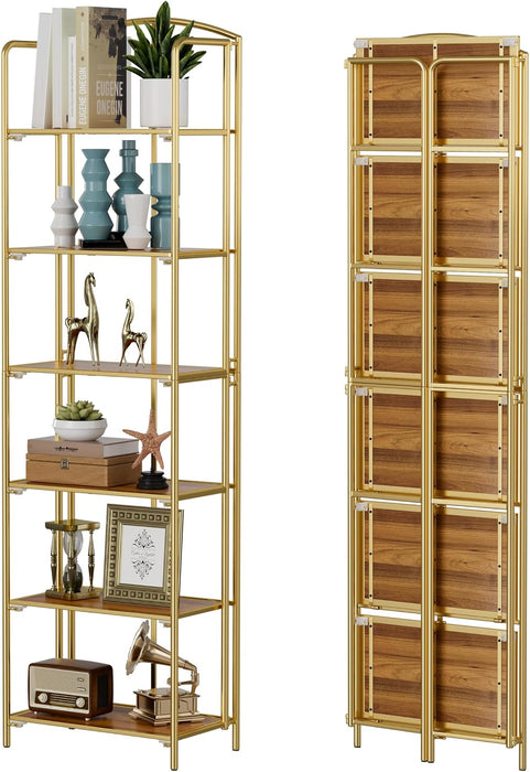 6-Tier Foldable Bookshelf, Gold Frame & Walnut Shelves