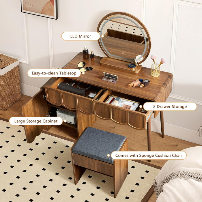 Vanity Desk with Mirror and Lights, Modern Wood Wave Panel Vanity Desk Set Makeup Table with Drawers and Cabinet, Dressing Table with Storage for Bedroom, Walnut