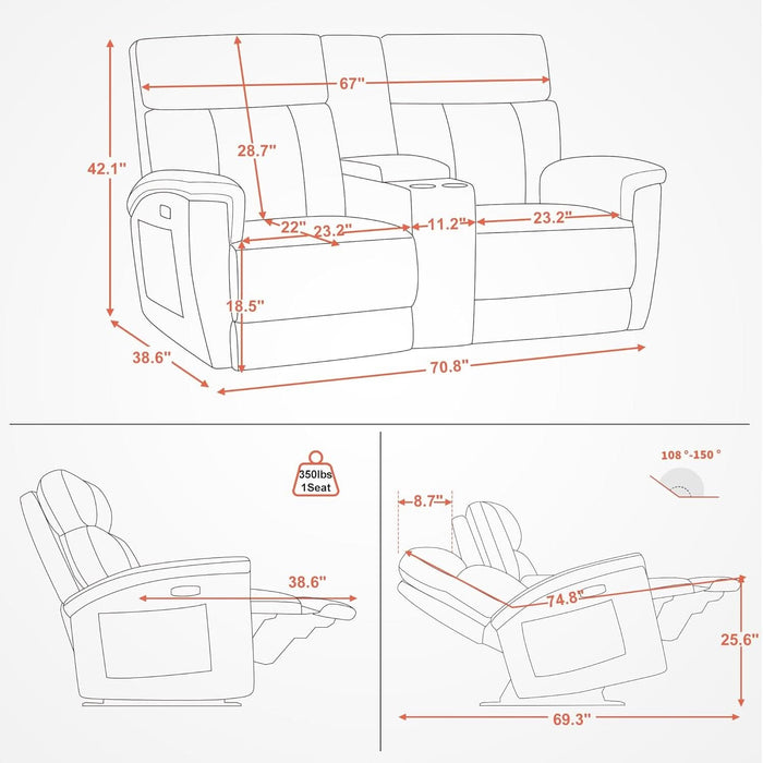 70.8" Power Loveseat Recliner Sofa with Massage and Dual Heating, Adjustable Headrest, USB & Type C Port for Living Room, Fabric PR606M2 (Mocha)
