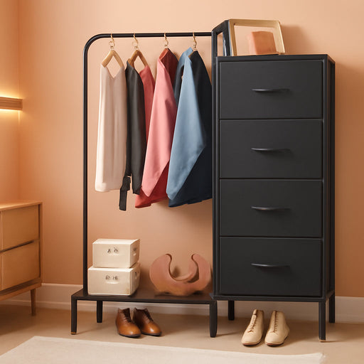 Dresser with Hanging Rack, 4 Drawers Small Dresser for Bedroom, Reversable Fabric Kids Dresser for Closet with Clothes Rack, Tall Chest of Drawers, Sturdy Frame, Black, 44''H