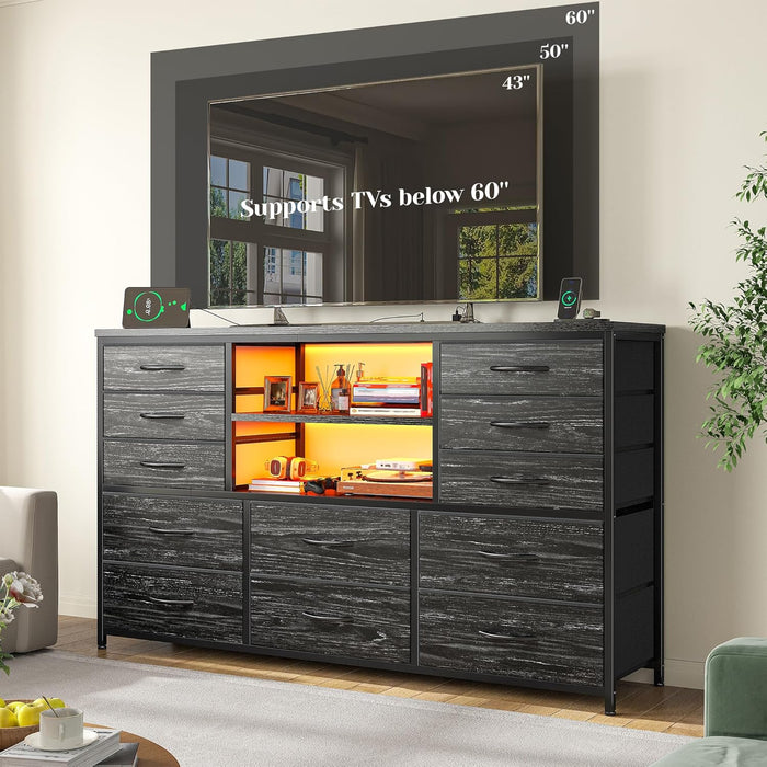12 Drawers Dresser for Bedroom with LED Lights & Charging Station,Tv Stand for 55-60 Inch Tv,Fabric Dressers & Chests of Drawers with 3 Wooden Shelves for Hallway,Black Wood Grain
