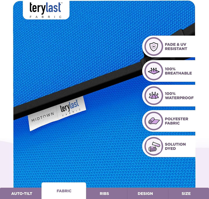 - 10-Year-No-Fade 9 Ft Patio Umbrella with Terylast Fabric, Auto-Tilt Aluminum Frame and 8 Reinforced Ribs for Deck, Pool, Garden & Beach - Cobalt Blue Canopy, Black Pole