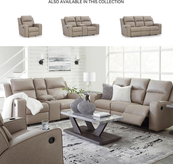 Lavenhorne Contemporary Faux Leather Manual Reclining Sofa with Drop down Table, Cup Holders and USB Ports, Beige