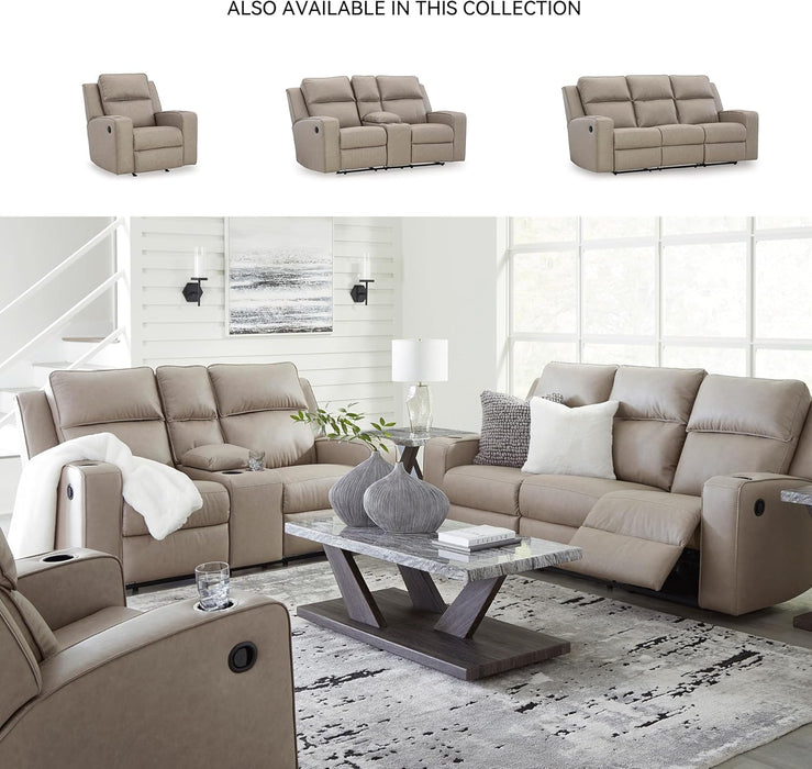Signature Design by Ashley Lavenhorne Contemporary Faux Leather Manual Reclining Loveseat with Console and Cup Holders, Beige