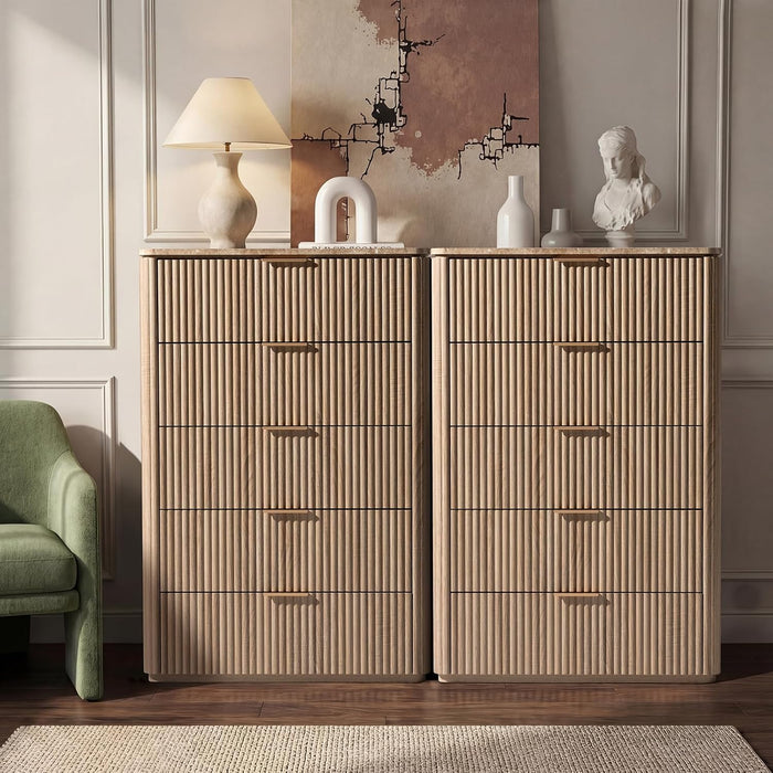 46"W Fluted 5 Drawer Bedroom Dresser, with Faux Marble Top,Natural Oak