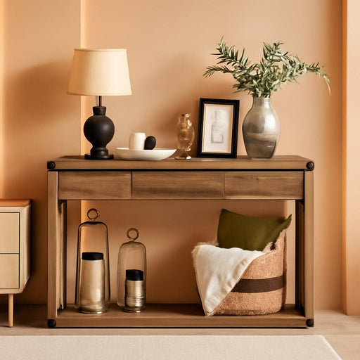 Sofa Console Table, 47.2 Inches Narrow Entryway Table with 3 Drawers, Bottom Shelf, Metal Corners, for Living Room, Bedroom, Farmhouse Style, Honey Brown ULNT143KB01S