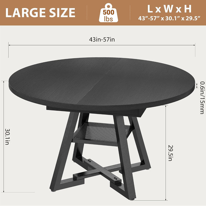 Expandable Kitchen Dining Table for 4-6, Oval round Dining Table with Storage Shelf and Removable Extension Leaf, Space Saving Pedestal Table for Dining Room, Modern Industrial Style (Black)