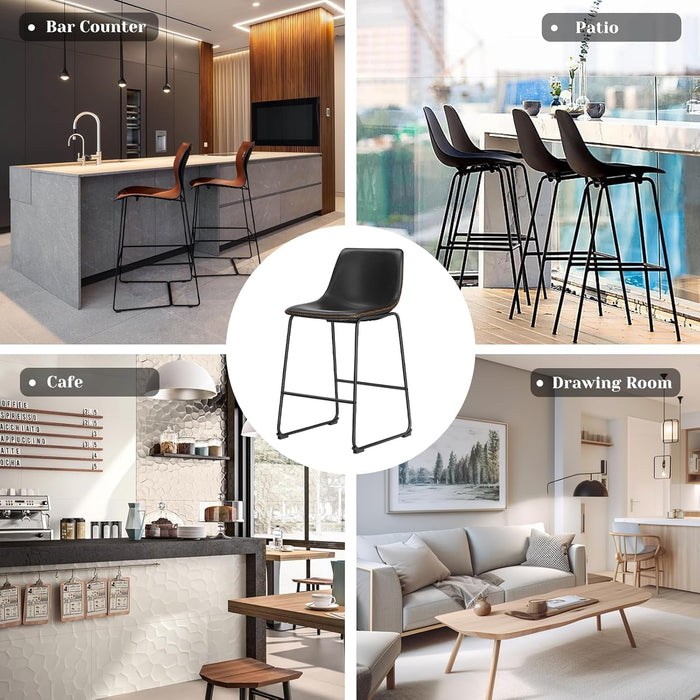 Bar Stools Set of 2, Faux Leather Barstools with Metal Legs | Counter Height 30 Inch Design, Armless with Back, Comfortable, Modern Finish, Kitchen Island, Black