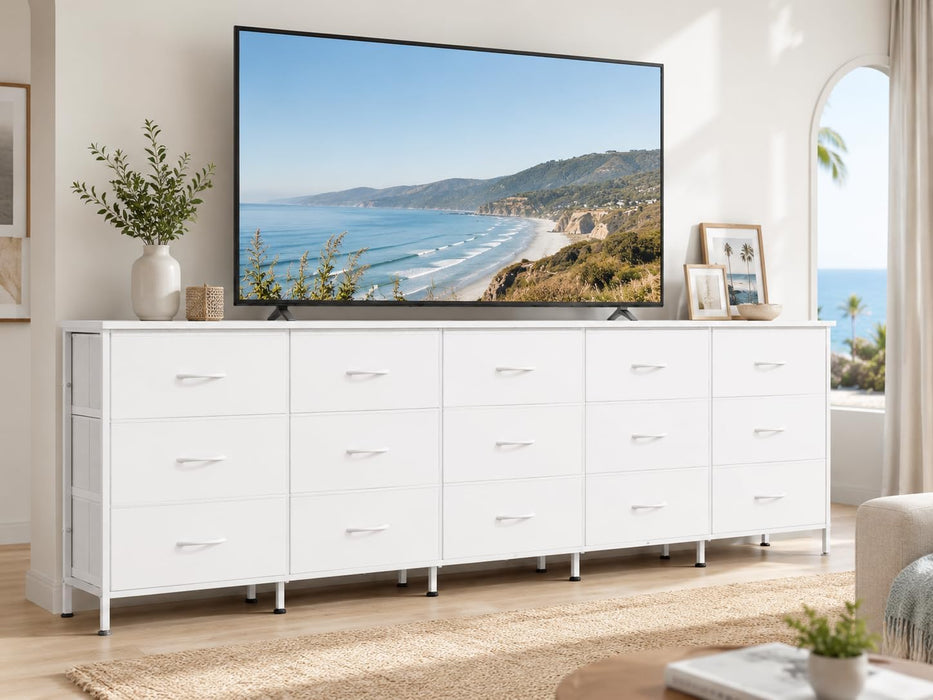 92 Inch Dresser TV Stand for 98 Inch TV, 15 Drawer Dresser, White
