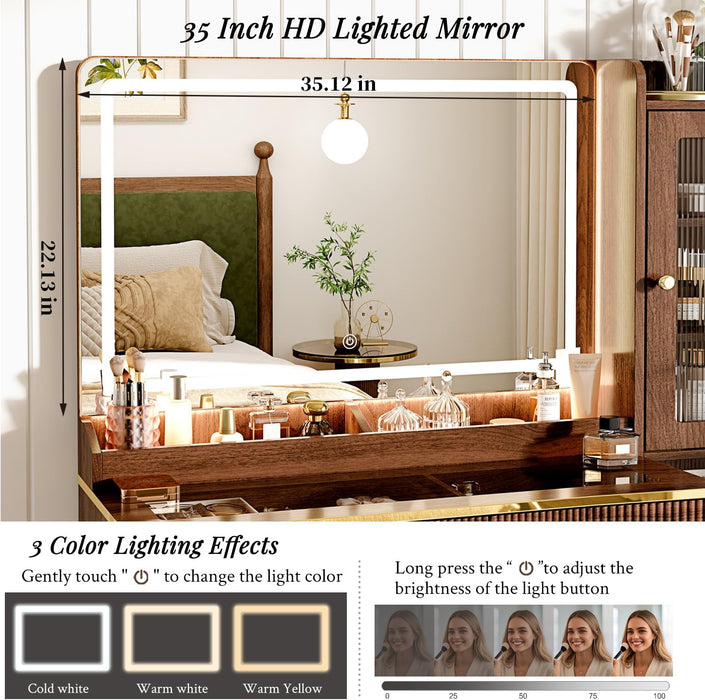 Vanity Desk with 35.12" HD Lighted Mirror, 46.85" Big Modern Vanity Desk with Mirror and Lights, Makeup Vanity with 7 Drawers and Storage Shelves and Charging Station, Walnut