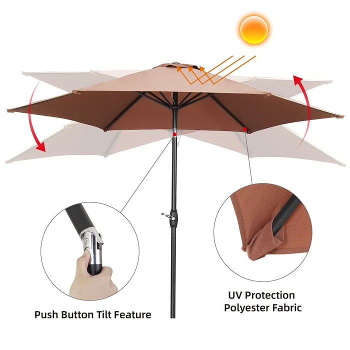 9Ft Patio Umbrella Outdoor Portable Table Market Umbrella with Push Button Tilt/Crank Waterproof Uv-Proof, Coffee