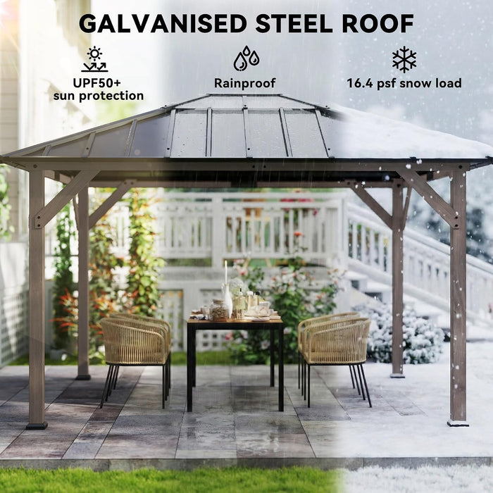 10' X 12' Hardtop Gazebo with Galvanized Steel Roof, Wood Permanent Pavilion Canopy Shelter with Clear Roof Top, UPF50+ Protection, Ceiling Hooks for Lawn, Backyard, Deck, Light Walnut