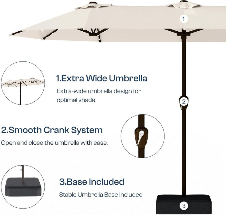 15FT Patio Umbrella with Solar Lights, Double-Sided Extra Large Outdoor Table Umbrella with Base Included, Heavy-Duty 12 Iron Ribs Market Umbrella for Garden, Pool, Backyard, Creamy White