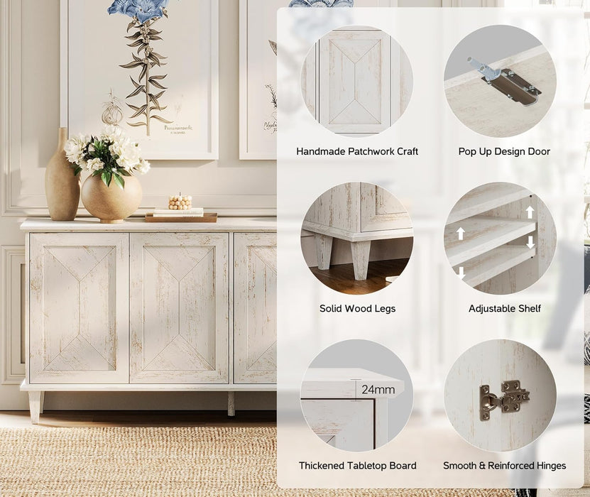 65" Modern Farmhouse TV Stand with Handcrafted Patchwork Doors for 55-75" Tvs, Entertainment Center Console with Cable Management, Adjustable Shelves Storage for Living Room, Pale Oak