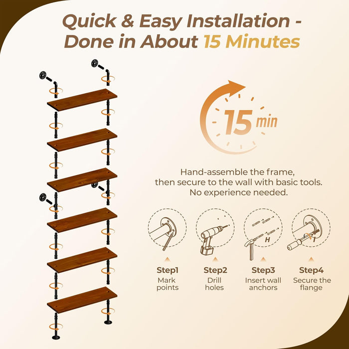 Industrial Pipe Bookshelf, Wall Mounted Shelf, 36 Inch, Walnut Brown | 6 Tier Open Bookcase, Solid Pine Wood, Black Iron Pipe Frame, 40 Lbs per Shelf, for Books, Kitchen, Office Decor