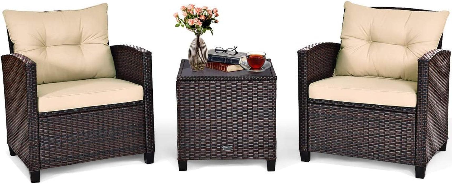 3PCS Wicker Patio Furniture Set with Cushions for Balcony and Porch