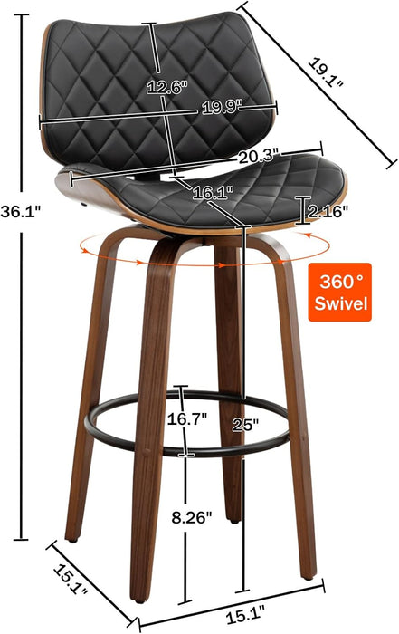 26" Swivel Bar Stools Set of 2, Mid Century Modern Counter Height Barstools Black Leather Upholstered Bar Chairs for Kitchen Island/Dining Room/Cafe
