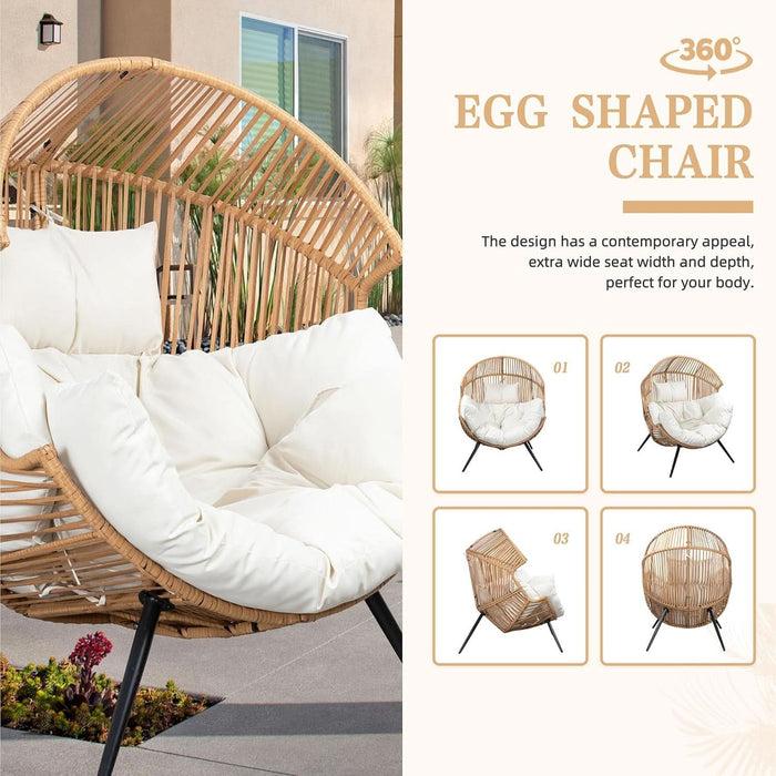Outdoor Wicker Egg Chair PE Rattan Chair with Cushion, Oversized Patio Lounge Chair for Outdoor, Indoor, Balcony, Backyard, Garden, Beige