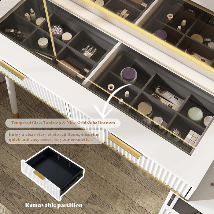 48" Vanity Desk with 35" Large Lighted Mirror, Big Modern Makeup Vanity Table with 5 Drawers & Shelves, Dressing Table with Charging Station/Glass Desktop/White