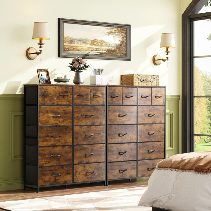 Tall Dresser for Bedroom with 12 Drawers, Dressers & Chests of Drawers, Fabric Dressers for Closet, Storage Dresser Organizer with Steel Frame, Wood Top, Rustic Brown Wood Grain Print