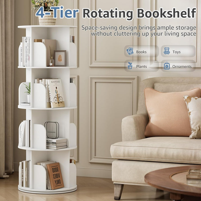 4 Tier Rotating Bookshelf Tower, Spinning Bookshelf for Small Space | 360° Display Revolving Bookcase Lazy Susan, Freestanding Vertical Corner Book Shelf for Bedroom, Living Room, Entryway, White