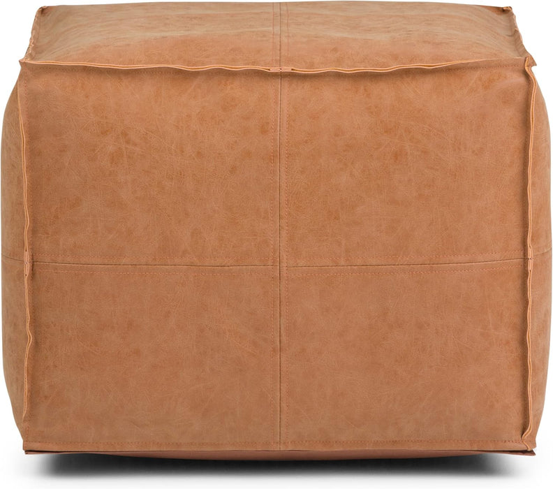 Brody Square Pouf - 18 Inch Wide Upholstered Vegan Leather Ottoman in Distressed Brown, Boho Footstool, Coffee Table or Extra Seating for Living Room or Bedroom, Assembled