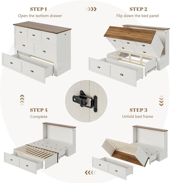 Full Size Murphy Bed, Farmhouse Wooden Cabinet with Charging Station and Storage Drawer for Bedroom/Office/Guest Room, White+Barnwood