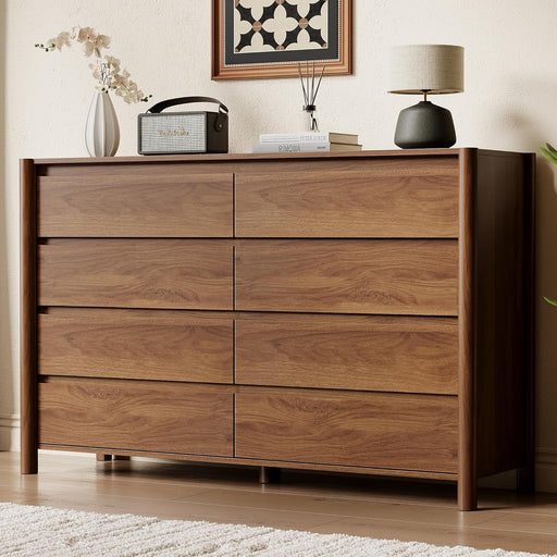 55" Wide 8-Drawer Dresser, Mid-Century Modern Chest with Solid Wood Legs, Concealed Handle,Large Wood Storage Organizer, Bedroom Storage,Walnut