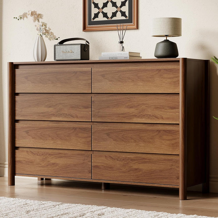 55" Wide 8-Drawer Dresser, Mid-Century Modern Chest with Solid Wood Legs, Concealed Handle,Large Wood Storage Organizer, Bedroom Storage,Walnut