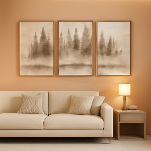 Pine Tree Abstract Wall Art - Nordic Pine Forest Foggy Neutral Artwork, Wabi Sabi Framed Canvas Prints Minimalist Nature Landscape Decor for Living Room, Bedroom, Office - 16X24Inchx3Pcs
