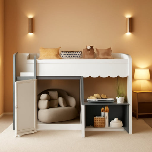 Solid Wood Full Loft Bed With PlayhouseStorageGreyFinish