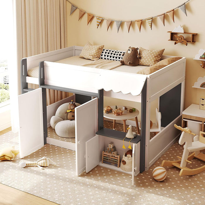 Solid Wood Full Loft Bed With PlayhouseStorageGreyFinish